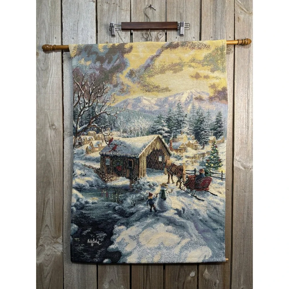 Nicky Boehme Winter Covered Bridge Woven Tapestry Wall Hanging Christmas 26x36